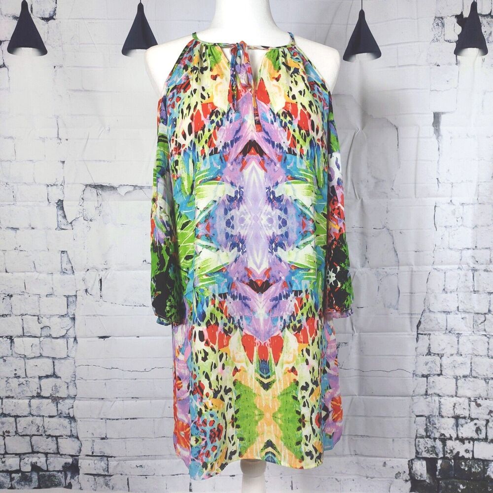 Alexia Admore Cold Shoulder Tropical Multi-colored Mini Dress Sz XS Sheer Lined
